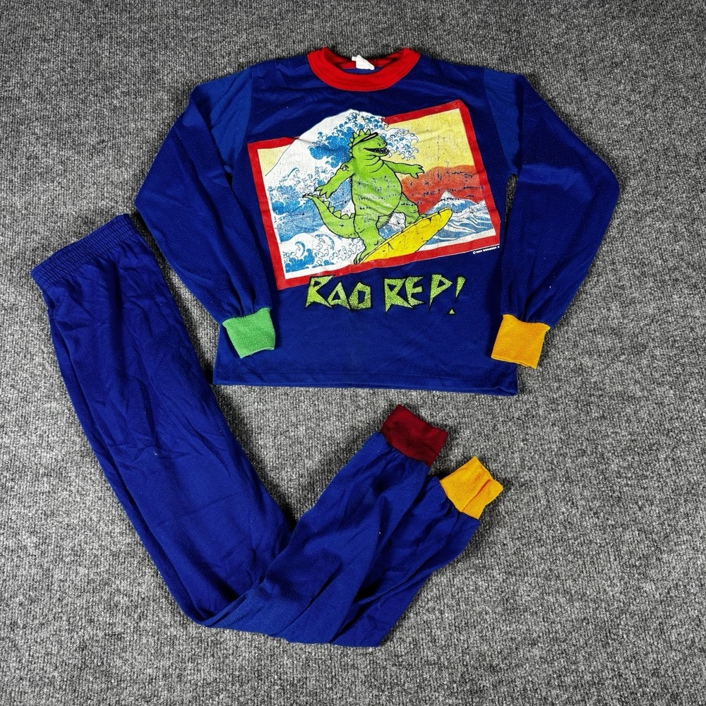 Vintage 1988‎ Kids Pajama Set "Rad Rep" Surfing Godzilla Dinosaur 2pc 80s